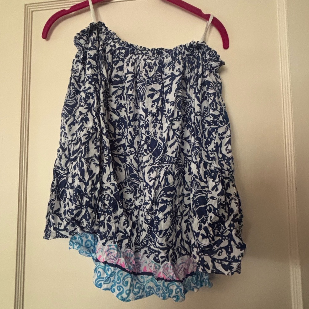 Lilly Pulitzer Blue and White Printed Top Nevie off the shoulder krillin it